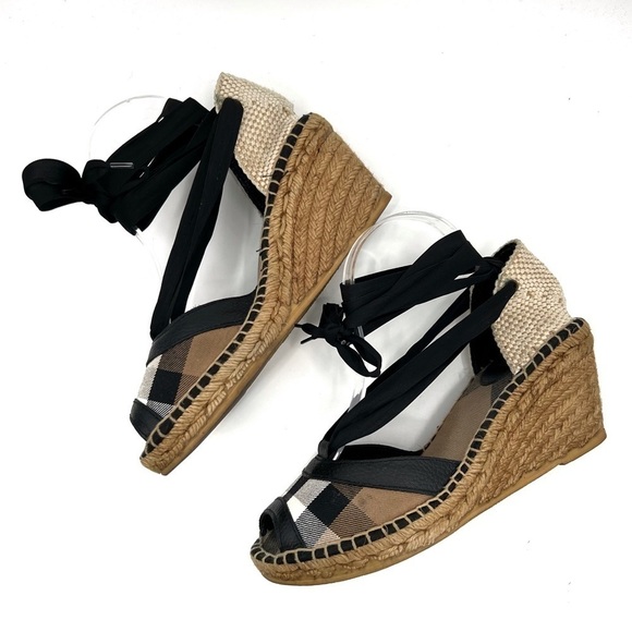 Burberry Espadrille Black Tan Brown Check Logo Tartan Plaid Print Wedge size 40 - Picture 3 of 16